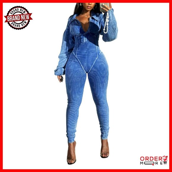 Long Sleeve Ribbed Bodycon Jumpsuit Lantern Sleeve Slim Fit Romper